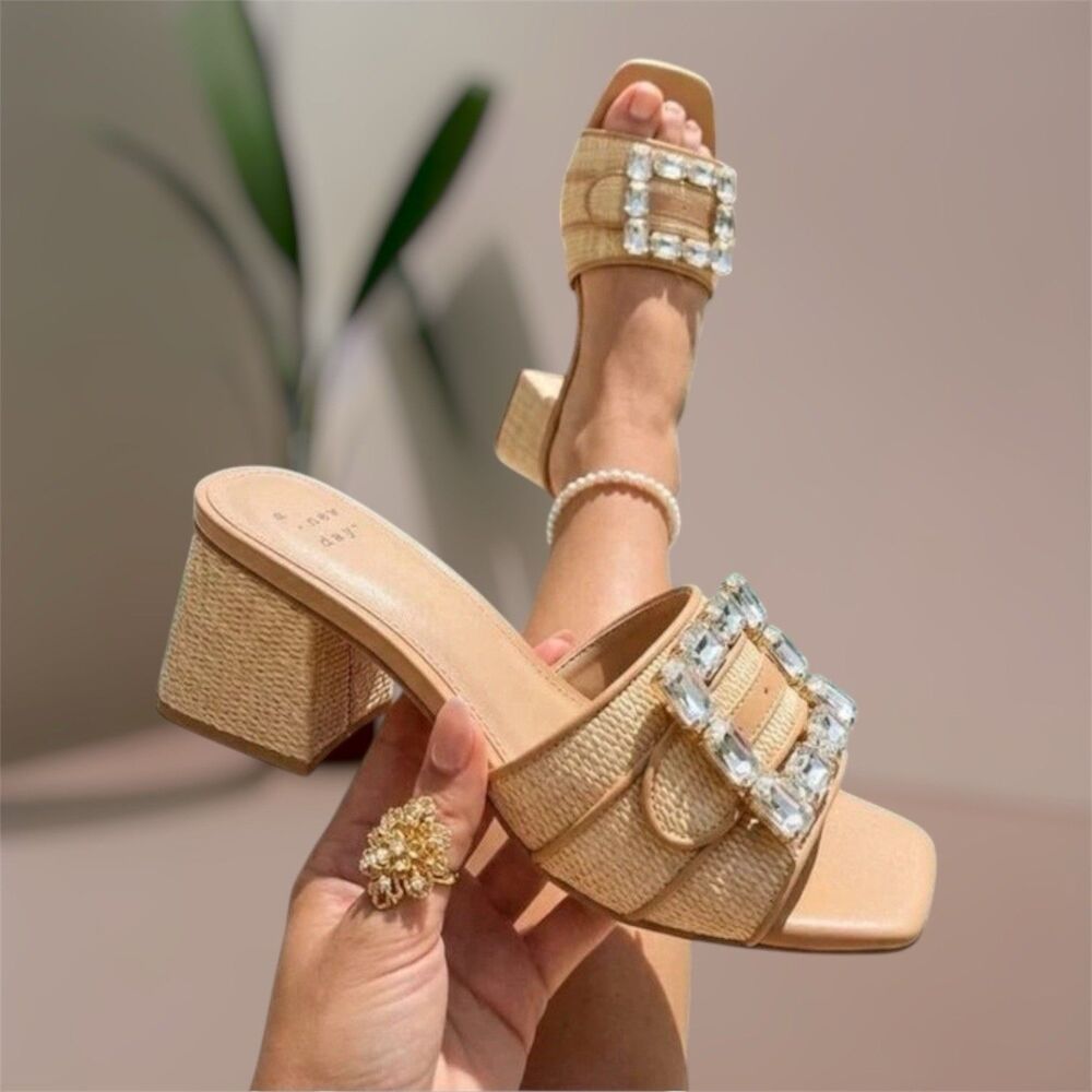 Women's Kathleen Raffia Buckle Block Heels - A New Day Beige Size 6.5 NWB